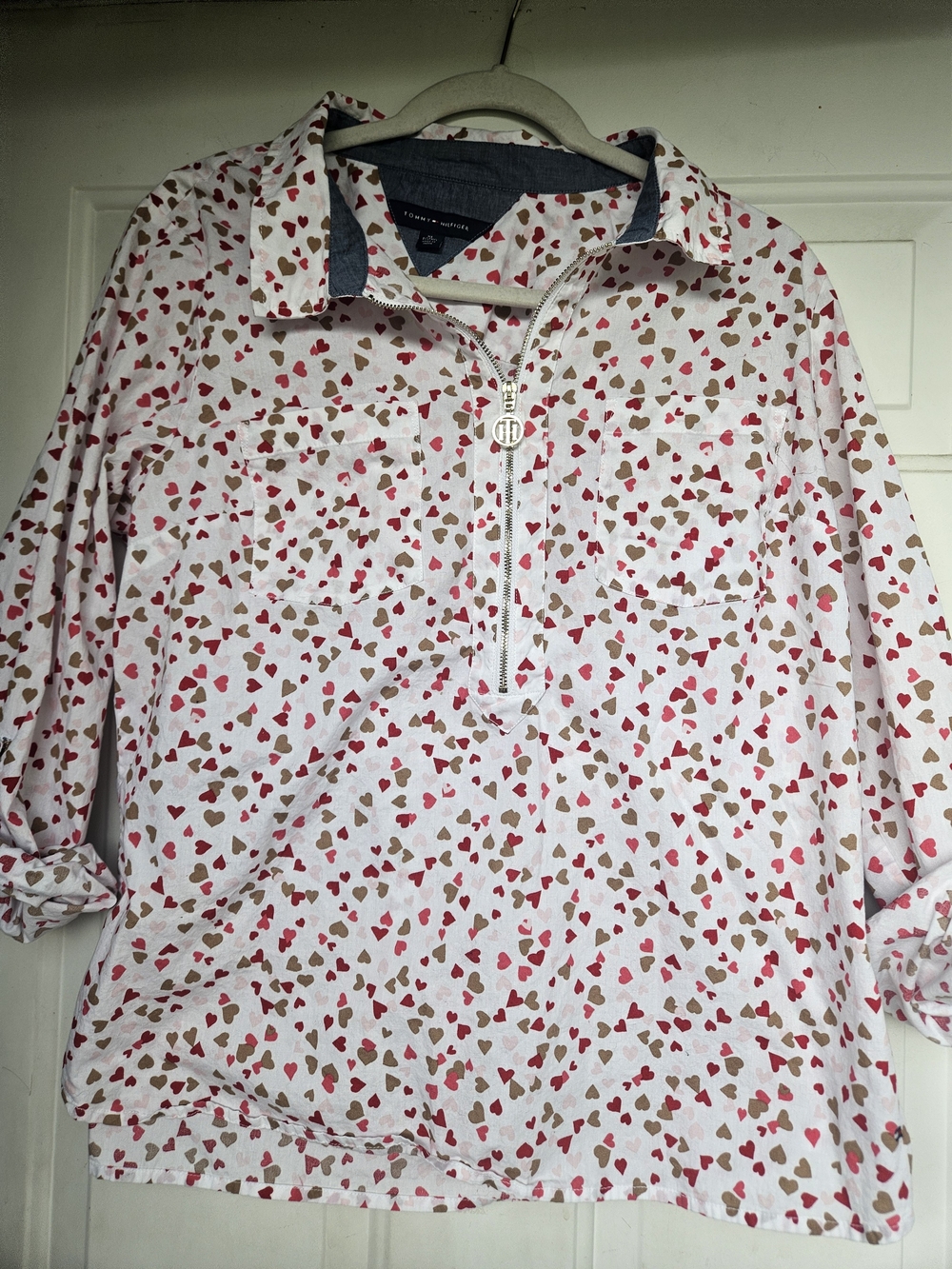 Tommy Hilfiger White Button-Front Top with Pink & Brown Heart Print